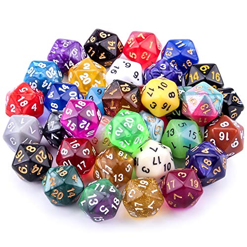 AUSTOR 35 Pieces Polyhedral Dice 20 Sided Game Dice Set Mixed Color 20 Sides Dice Assortment with a Black Velvet Storage Bag for DND RPG MTG Table Games