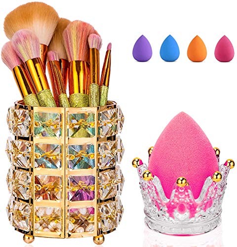 Cosmetic Brushes Organizer Cosmetics Holder- Acrylic Makeup Brush Holder,Clear Glass Sponge Blender Holder with Gold Tips-2 PACK