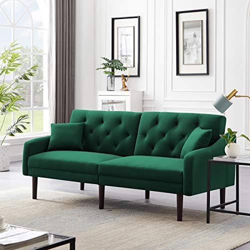 LoLado Futon Sofa Bed Convertible Sleeper Sofa Couch wit Armrests Modern Velvet Sofa Bed for Living Room Office Folding Recliner Futon Couch with Wood Legs (Green)