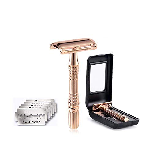 Rangale Classic 3-Piece Razor Double Edge Safety Razor Manual Shaver Rose Gold + 5 Sharp Blades with a ABS Case