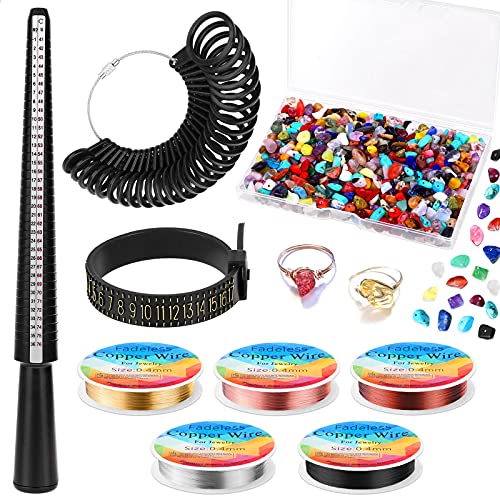 Ring Making Kit, Ring Size Measuring Tools with Ring Mandrel, Ring Sizer Gauge, Finger Size Gauge, Jewelry Wire and Crystal Stone Beads for Jewelry Making