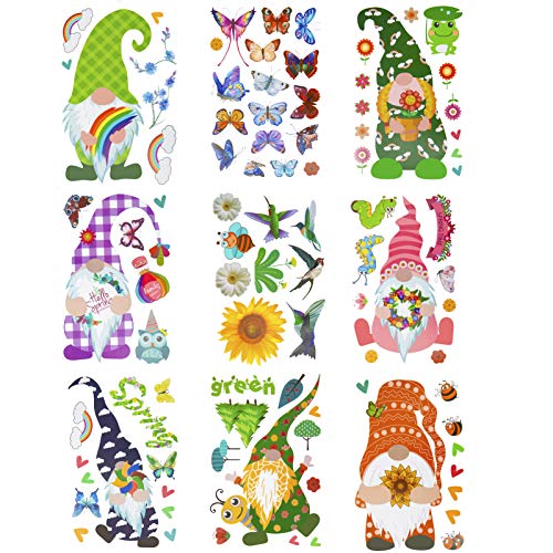 9 Sheets Spring Gnome Static Window Clings- Double Sided Faceless Doll Flowers Butterfly Window Decals Stickers in 9 Styles Party Favors for Spring Home Cafe Restaurant Glass Door Window Decors