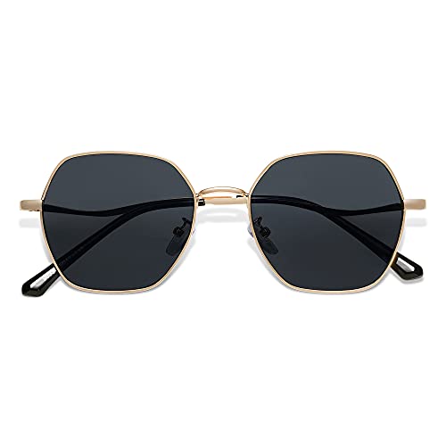 SOJOS Hexagon Square Sunglasses For Women Trendy Small Faces Octagon Gold Rim Wire Frame Geometric Polygon SJ1101 with Gold Frame/Grey Lens