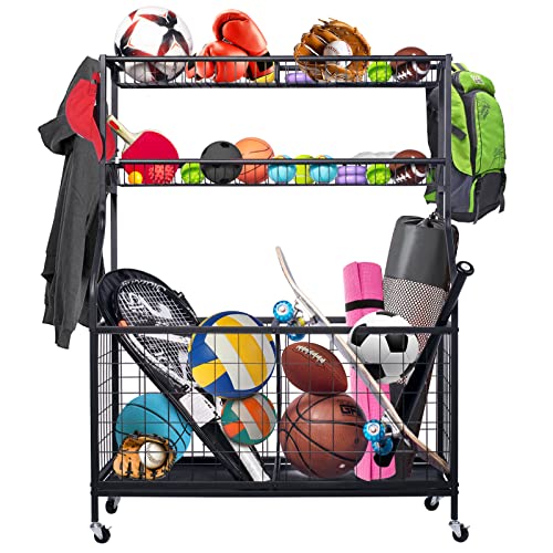 Garage Sports Equipment Storage Organizer, Sports Ball Storage, Ball Holder with 2 Long Baskets, 2 Ball Cart and 4 Hooks, Yoga Mat Storage Racks, Garage Storage Rack for Sports and Fitness Equipment