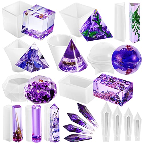 15 Pieces Crystal Resin Molds Pendulum Crystal Molds Include Pyramid Silicone Resin Mold, Round Cone Resin Mold, Sphere, Triangular Cone, Multi-Facet Gemstone Cube Resin Mold for Jewelry Making