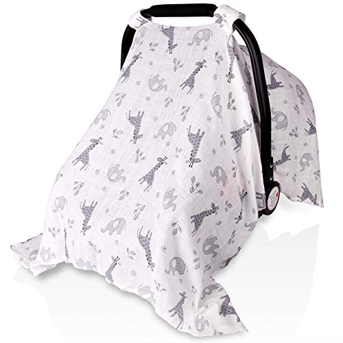 Baby Car Seat Covers for Boys Girls, Metplus Muslin Infant Carseat Canopy, Lightweight Breathable Newborn Carrier Canopies Stroller Cover, Universal Fit Large Size 47.2 x 35.4 inch, Elephant Giraffe