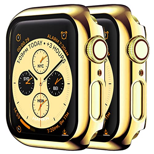 HANKN 2 Pack Tempered Glass 44mm Case Compatible with Apple Watch Series 6 5 4 Se 44mm Tempered Glass Screen Protector, Plated Hard PC Cover Full Coverage Shockproof Iwatch Bumper (44mm, Gold+Gold)