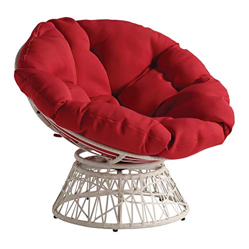 OSP Home Furnishings Wicker Papasan Chair with 360-Degree Swivel, 40” W x 36” D x 35.25” H, Cream Frame with Red Cushion