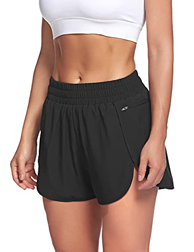 LaLaLa Womens Quick-Dry Athletic Shorts Sports Layer Elastic Waist Running Workout Shorts with Zip Pocket (M, Black)
