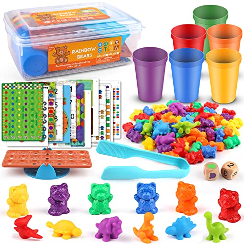 Rainbow Counting Bears Activity Toys Set 92Pcs,Number Color Recognition Games Matching Sorting Cups Libra Little Dinosaur and Dice,Early Educational Toys Gift for 3 4 5 6 year olds Kids Girls Boys