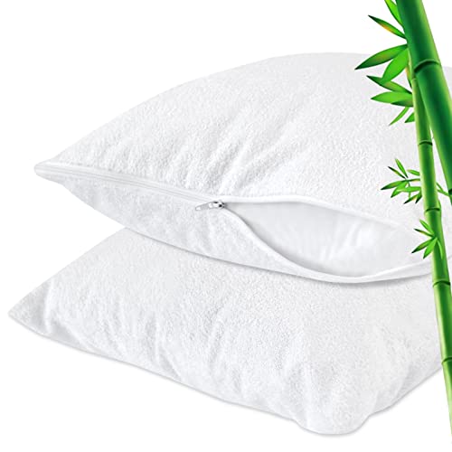 Toddler Pillowcase Protector 2 Pack Bamboo Terry Cooling Waterproof Pillowcase Cover, Breathable, Fit Toddler Pillow Sized 13″ x 18″,14″ x 19″,12″ x 16″ or Smaller with Zipper for Boys Girls, White