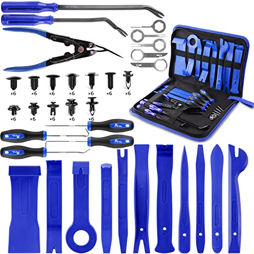 PTSTEL 95Pcs Trim Removal Tool Car Panel Door Audio Trim Removal Kit Multiple Auto Clip Pliers Fastener Remover Set Pry Puller Crowbar Car Upholstery Terminal/Stereo Repair Blue with Storage Bag