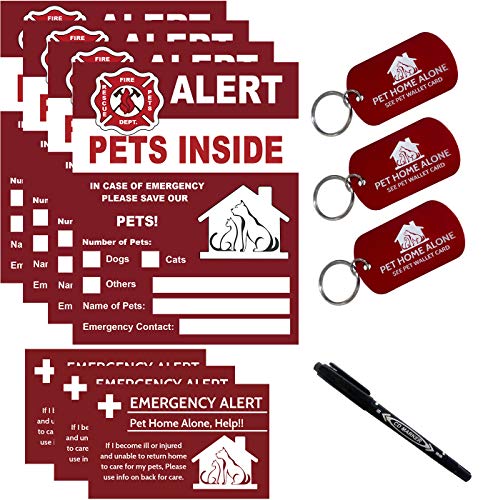 Pets Alert Pets Inside Sticker-Pets Safety Alert and Rescue-If Case of Emergency,Succor can See Alert on The Window,Door,or House to Rescue Your Pets Inside-4 Pack with Wallet Card & Key Tag