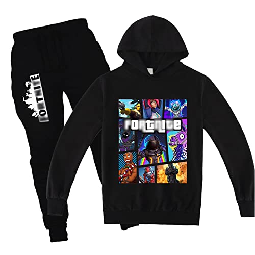 Ponsaki Youth Pullover Hoodie and Sweatpants Suit for Boys Girls Games Graphic 2 Piece Outfit Fashion Sweatshirt Set Black 130