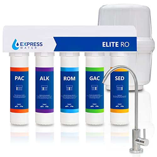 Express Water Elite RO Reverse Osmosis Alkaline Water Filtration System – Quick Twist Filter Change 9 Stage RO Water Filter– Under Sink Water Filter with Alkaline Filter for Essential Minerals 100 GPD
