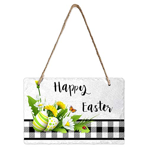 Easter Hanging Wall Sign, Decorative Slate Signs with Rope, Hanging Door Plaque for Porch/Entryway/Outdoor/Garden Home 5x8inch, Easter Eggs Flowers Leaves Butterflies Black and White Plaid