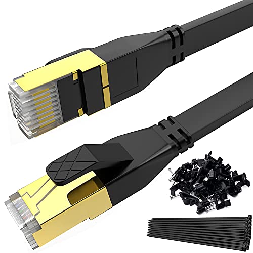 VMUND Cat 8 Ethernet Cable 50 Ft, High Speed Cat8 Flat Internet Cord 50 Foot, Outdoor Shielded Long LAN Network Patch Wire with Rj45 Connectors for Modem Gaming Laptop Computer PC, Black
