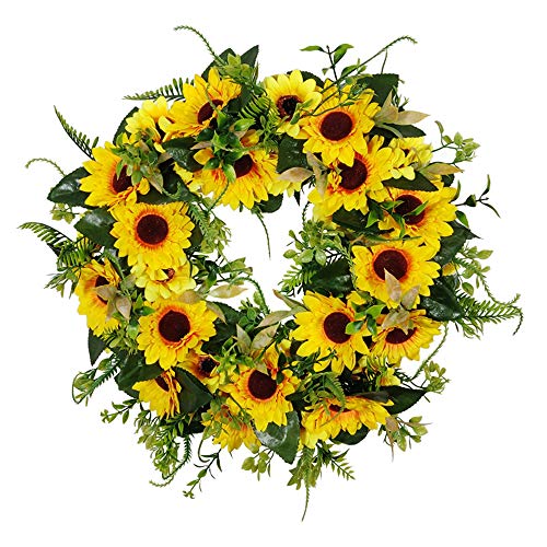 18in Artificial Sunflower Wreath – Spring Summer Sunflower Wreath with Green Leaves for Home Office Door Wall Wedding Holiday Decor