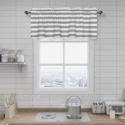 Gray and White Striped Kitchen Valances for Window, Rod Pocket Window Treatment Farmhouse Curtain Drapes for Kitchen, Bathroom, Bedroom, Living Room, 56 x 15 inch