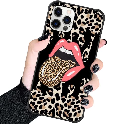 KANGHAR Case Compatible with iPhone 12 Pro Max, Pink Lip Design, Tire Texture Non-Slip +Shockproof Rugged TPU Protective Case for iPhone 12 Pro Max 6.7 Inch (2021) Leopard Pattern and Pink Lip