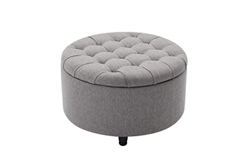 Wovenbyrd Classic 28-Inch Wide Button Tufted Round Storage Ottoman Footstool with Lift Off Lid, Gray Fabric