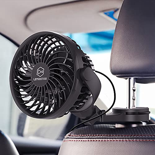 LEMOISTAR USB Powered 5V Car Fan, Powerful 4 Speed Quiet Ventilation Electric Cooling Fans with Clip/Hook/Suction Cup, Portable Car Fans for Rear Backseat Passenger Dog(USB Powered ONLY)
