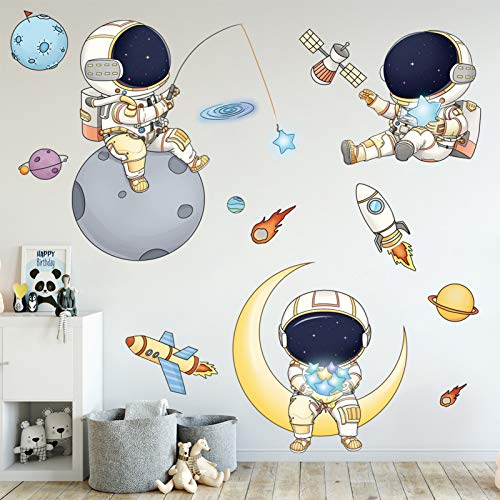 Astronaut Wall Stickers for Boys Bedroom, DILIBRA Cartoon Spaceman Outer Planet Creative DIY Art Vinyl Removable Wall Decal, Star Spaceship UFO Glaxy Wallpaper Decor for Kid’s Room Nursery
