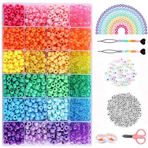 3500+ pcs Rainbow Pony Beads for Jewelry Making, Hair Beads for Braids for Girls, Bracelet Making Kit, Assorted Kandi Beads Kit with Letter and Heart Beads Hair Beader Tool Scissors Elastic String
