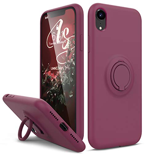 HAVVA for iPhone XR Case, [Silicone and Ring Kickstand Series] [Soft Anti-Scratch Microfiber Lining], Full Body Protective Bumper Case for iPhone XR Women Girls, WineRed