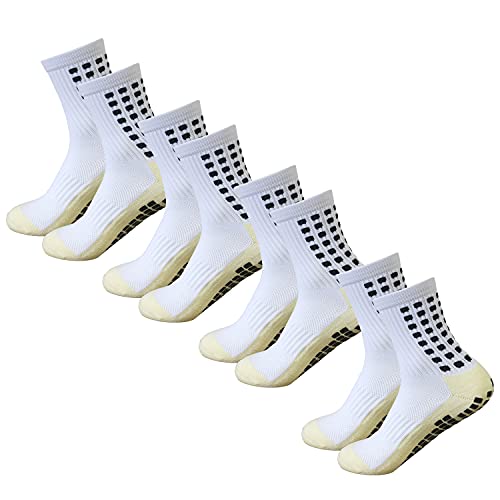 Yufree Men’s Soccer Socks Anti Slip Non Slip Grip Pads for Football Basketball Sports Grip Socks, 4 Pair (White)