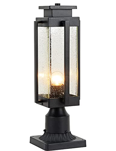 EERU Outdoor Post Light Fixtures 18″ Large Exterior Post Lantern with Pier Mount Base IP65 Waterproof Black Finish with Seeded Glass Pier Mount Light Outdoor Pole Light for Patio, Porch, Yard, Garden