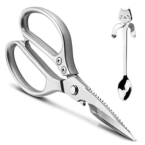 LONJYI Multi Function Kitchen Scissors, Heavy Duty Stainless Steel Shears with Ultra Sharp Blades, Left Right Handed Scissors Use for Chicken, Meat, Seafood, Vegetables, BBQ, Bottle Opener, Silver