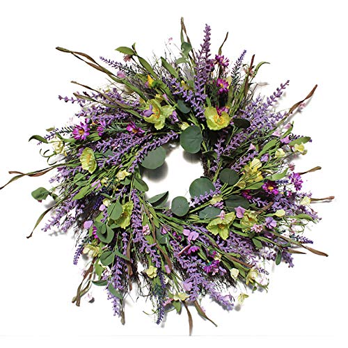 TRRAPLE Artificial Lavender Wreath, 24 Inch Spring Wreath for Front Door Green Leaves Lavender Door Wreath for Farmhouse Wall Home Decoration