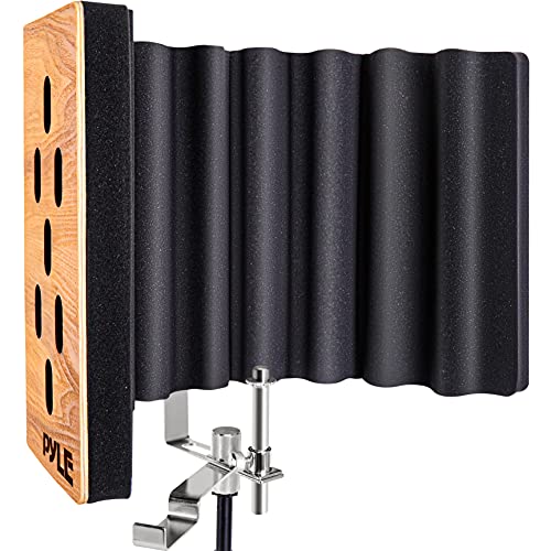 Pyle Wood Microphone Isolation Shield – Sound Isolation Recording Booth, Studio Microphone Vocal Booth Dampening Filter Foam Acoustic Panel w/ 2″ Thick Foam, Universal ⅝” Mic Threading – PSMRSWD100