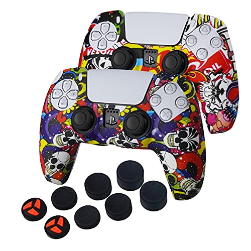 PS5 Controller Silicone Skins 2 Pack, Customized Dualsense Protective Cover Grip for Sony Playstation 5 Controller, Anti-Slip PS5 Gamepad Cover Case x 2 with 8 PRO Thumb Grip Caps, Skull
