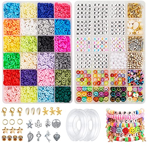 7200 Pcs Clay Beads for Bracelets Making, Flat Round Clay Spacer Beads with Smiley Face Beads, Letter Beads, Pendants, Clay Beads Charms Kit for DIY Jewelry Making Bracelet Necklace Kit, 24 Colors 6mm