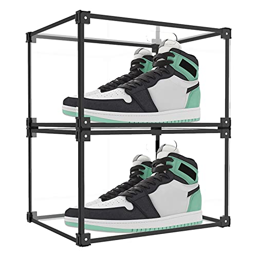 LASOA Clear Acrylic Shoe Box, Foldable Stackable Plastic Shoe Box Magnetic Side Open Fully Transparent Sneaker Display Box Containers, Shoe Organizer for Booties, Sneakers, Collectibles, 2 Pack