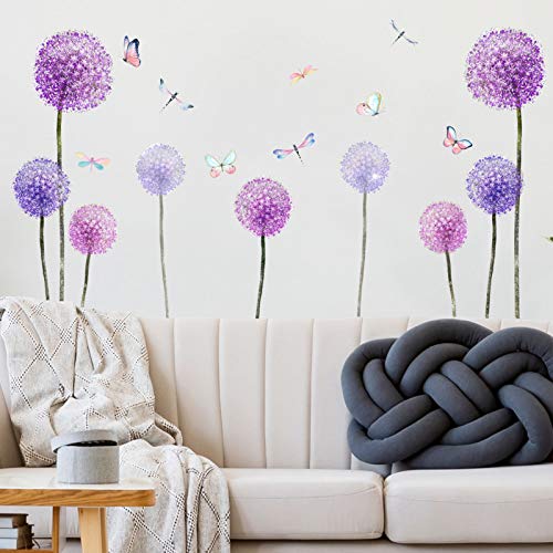 Dandelion Plant Wall Decals, Flying Violet Flowers Butterflies Dragonfly Wall Stickers , DILIBRA Removable Peel and Stick DIY Art Vinyl Mural for Classroom Kids Bedroom Bathroom Nursery Home Decor