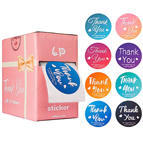Lollipro Gradient Color Coated Paper Thank You Stickers Roll 1.5 Inch Round for Small Business Packaging, 500 Pcs with 8 Pattern in Box-Packed, Water Resistant