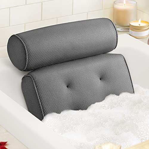 LuxStep Bath Pillow Bathtub Pillow with 6 Non-Slip Suction Cups,15×14 Inch, Extra Thick and Soft Air Mesh Pillow for Bath – Fits All Bathtub, Grey