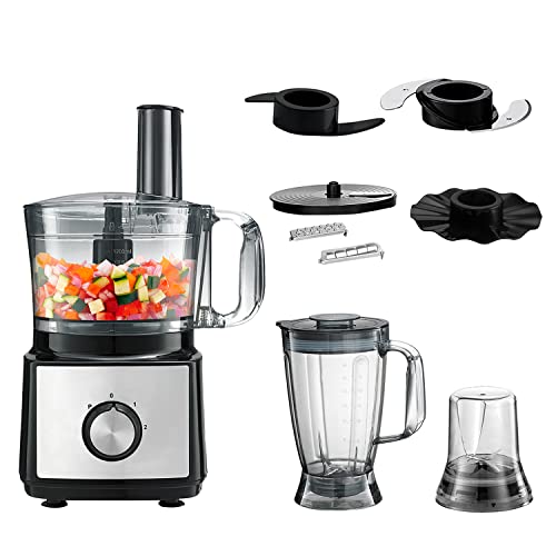 Kognita Blender and Food Processor Combo, 500W 8 in 1 Smart Kitchen Blender with 2 Speeds, 4 Stainless Steel Blades, Dough Blade and Emulsifying Disc for Chopping,Kneading,Shredding and Slicing – 6-Cup Bowl,Silver