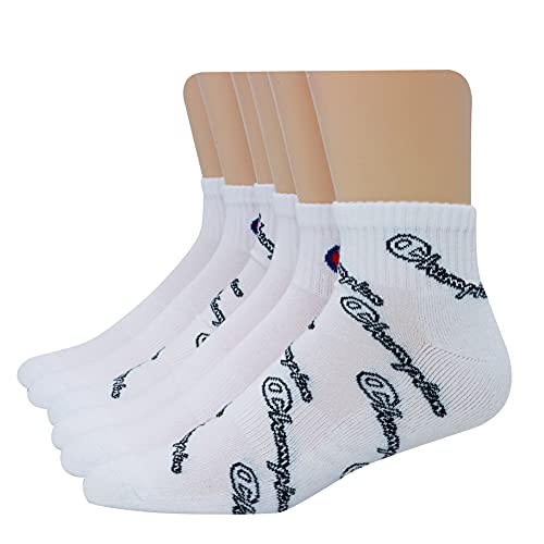 Champion Mens Double Dry Moisture Wicking Logo 6 Or 12 Pack Ankle Sock, White With All Over Script (6 Pack), 6-12 US