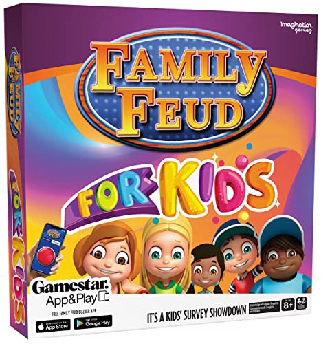 Imagination Gaming Family Feud Kids Edition Game, Kid-Friendly Questions Great for Family Fun, 150 Question Cards, 50 Fast Money Cards, App with Sound Effects