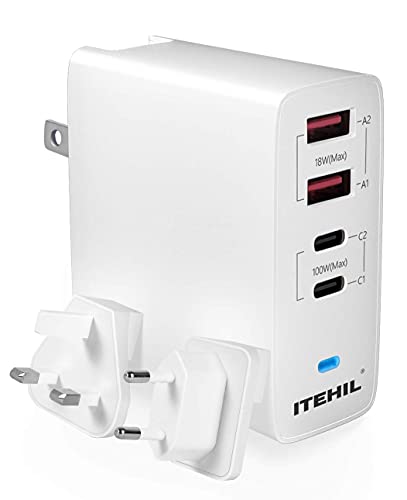 USB C Wall Charger, ITEHIL 100W 4-Port Fast PD Charger, Portable Type C Charger with Foldable Plug for iPhone 12/12 Pro Max/AirPods Max/iPad/MacBook/Samsung and More (Cable Not Included)