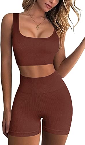 ZHENWEI 2 Piece Shorts Set for Women Stretchy Exercise Outfits 2 Pieces Yoga Sports Bra Brown S