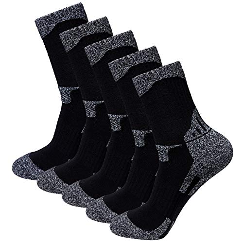 Teebulen Men’s Black 5-Pack Padded Anti Odor Blister Resistance Quarter Crew Hiking Socks, Size 7-12