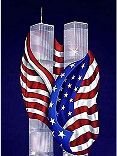 5D DIY Diamond Painting Kits for Adults,Full Drill Round Diamond Painting Twin Towers American Flag Diamond Art Craft for Home Wall Decor Gift 12×26 inch
