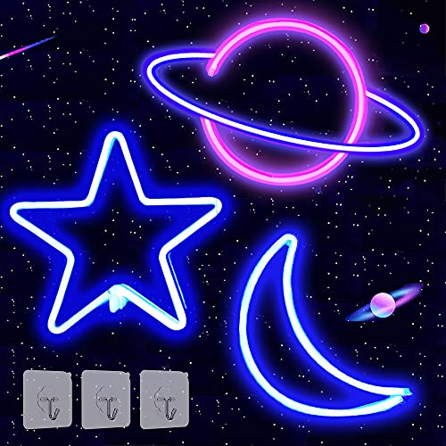 Werfeito 3 Pack Star Moon Planet Neon Lights Neon Signs for Wall Decor, USB or Battery Operated LED Signs for Bedroom, Decorative Neon Light Sign for Christmas, Birthday, Living Room, Girls, Kids Room
