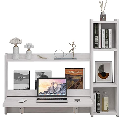 Pmnianhua Floating Desk,Wall Mounted Fold Down Wooden Laptop Computer Desk with Storage Shelves Folding Table Desk Workstation for Wall Bedroom Small Space (Gray-White (Right))