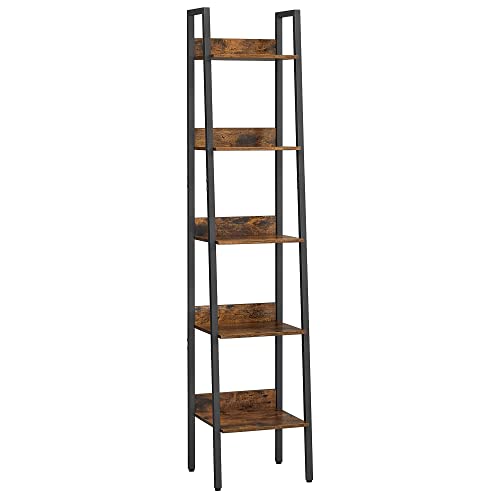 VASAGLE Bookshelf, 5-Tier Ladder Shelf, Freestanding Storage Shelves, for Home Office Living Room Bedroom Kitchen, Steel Frame, Simple Assembly, Industrial, Rustic Brown and Black ULLS109B01